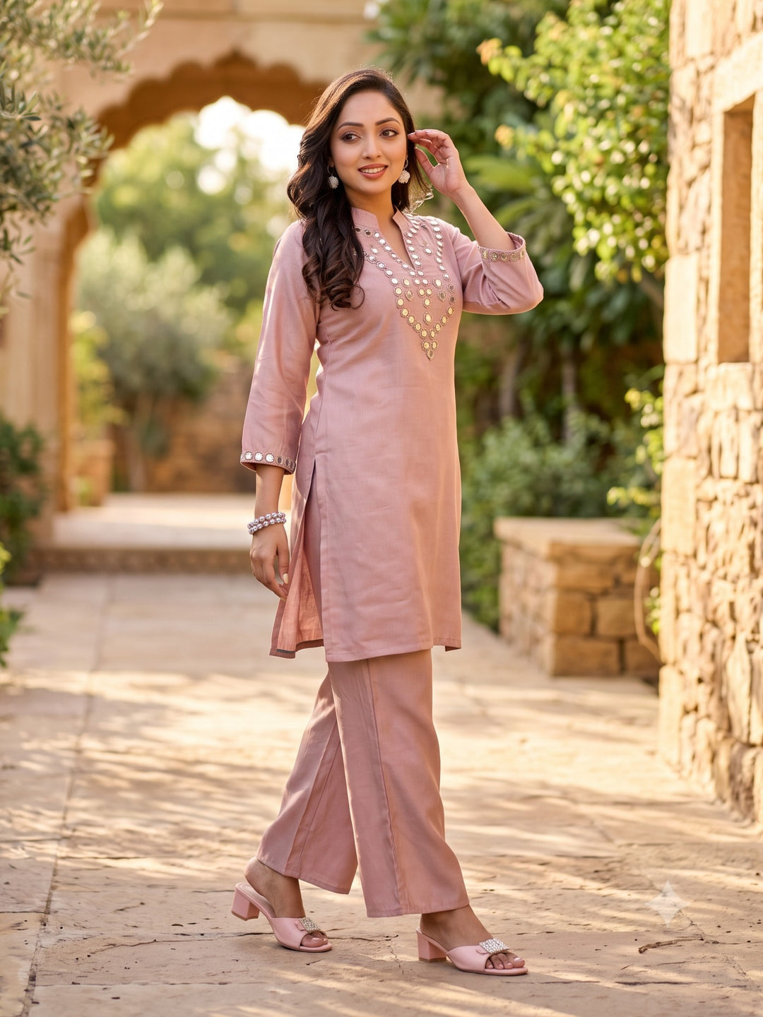 Divya salmon mirror work co-ord set
