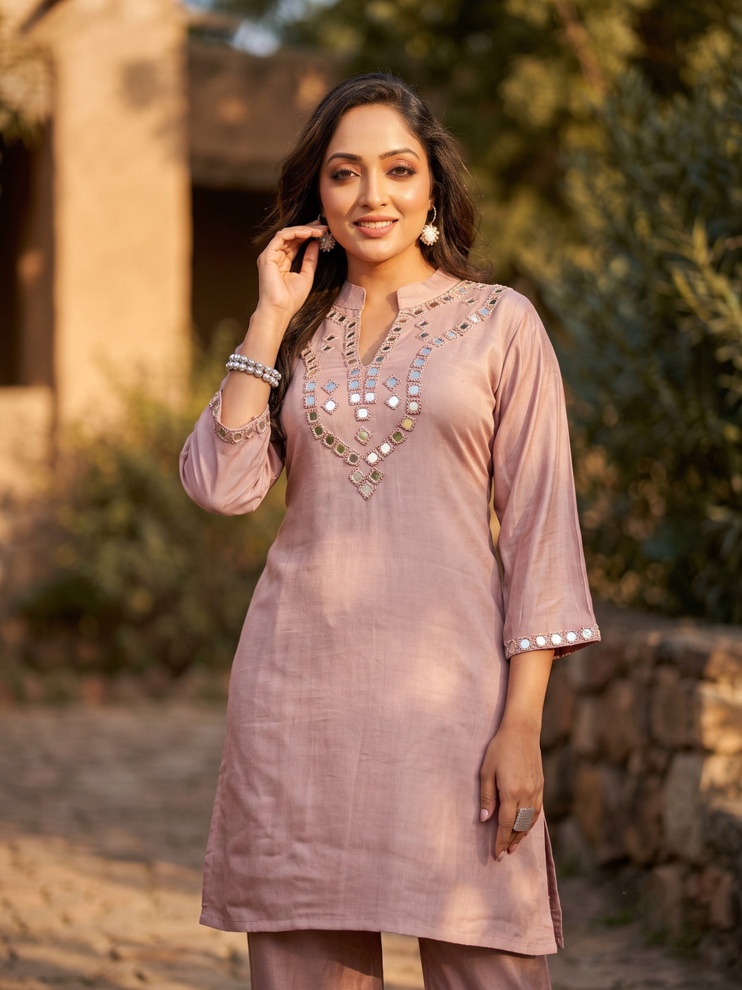 Divya salmon mirror work co-ord set