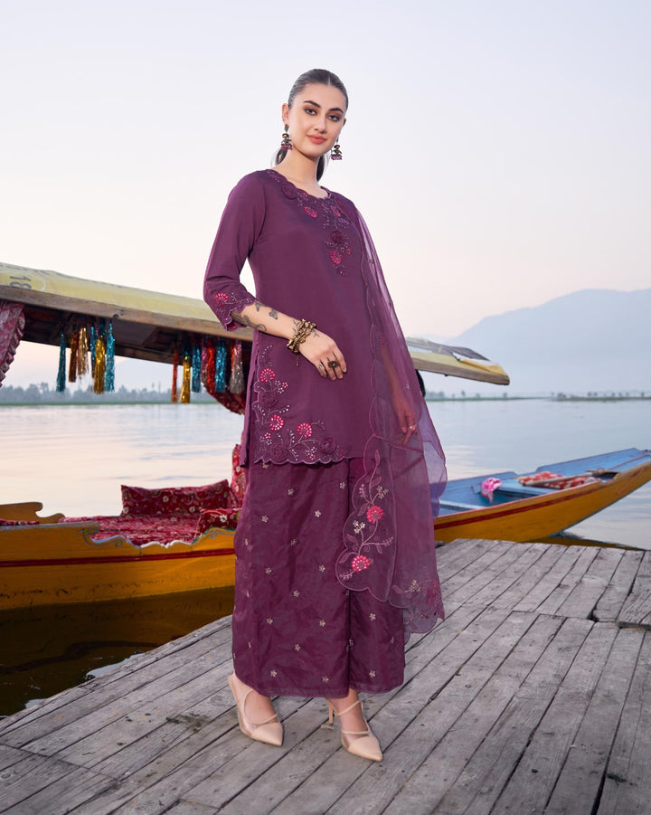 Nisha Grape Embroidered Suit Set