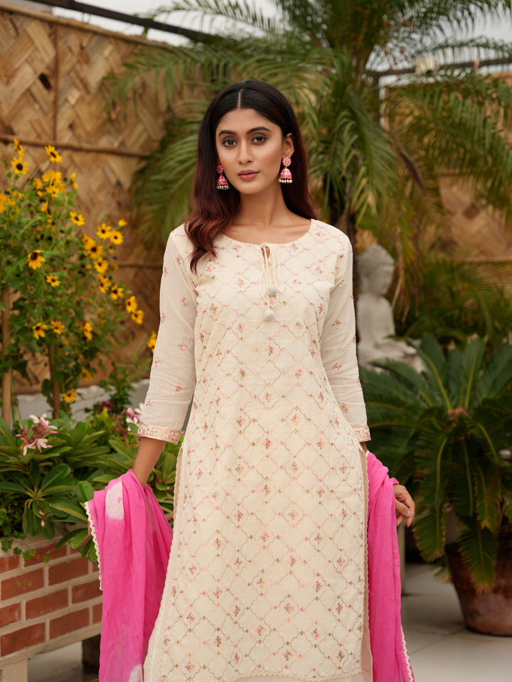 Heema Pink Rose Cotton Full Embroidery Suit Set