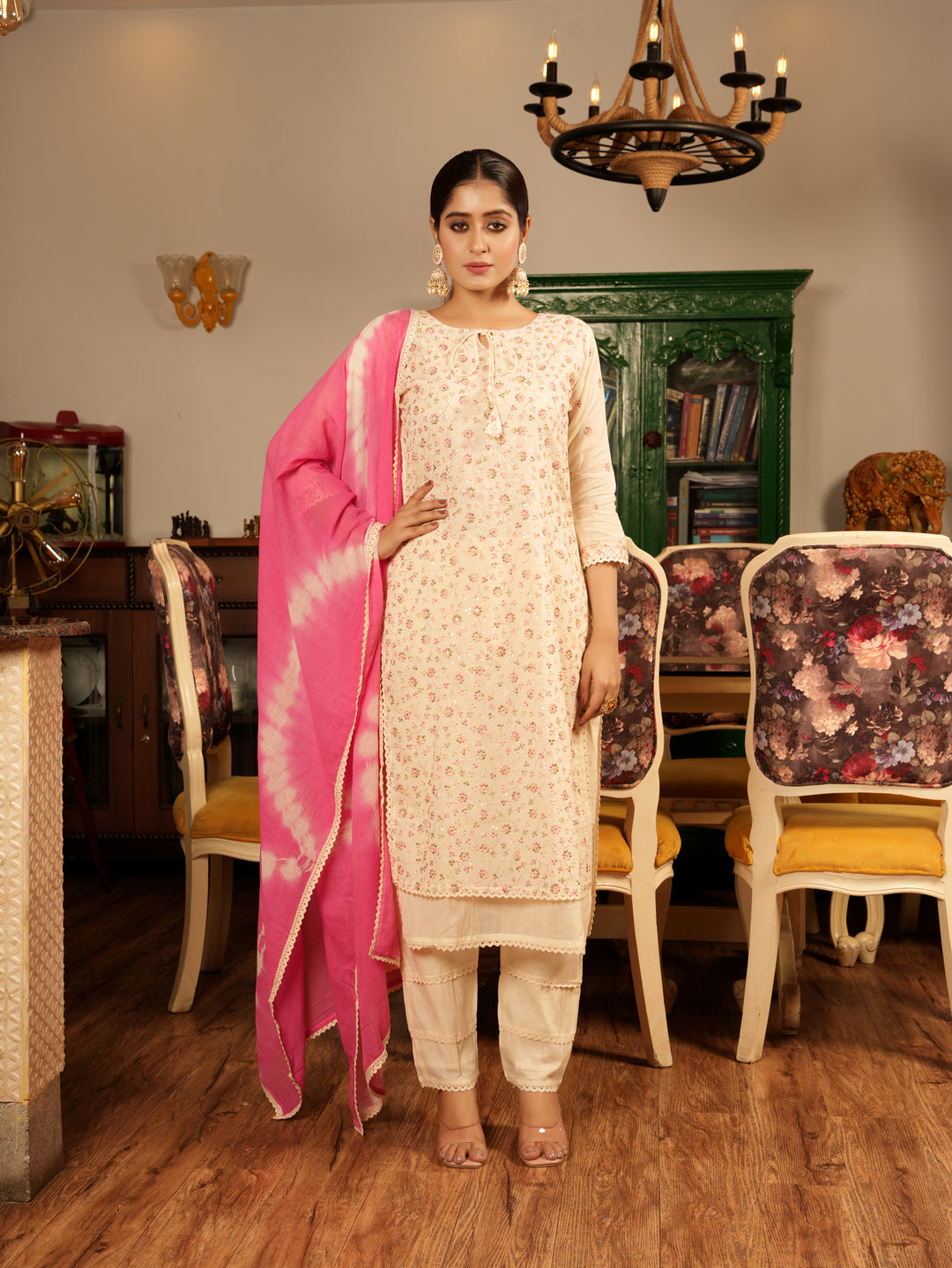 Heema Pink Rose Cotton Full Embroidery Suit Set