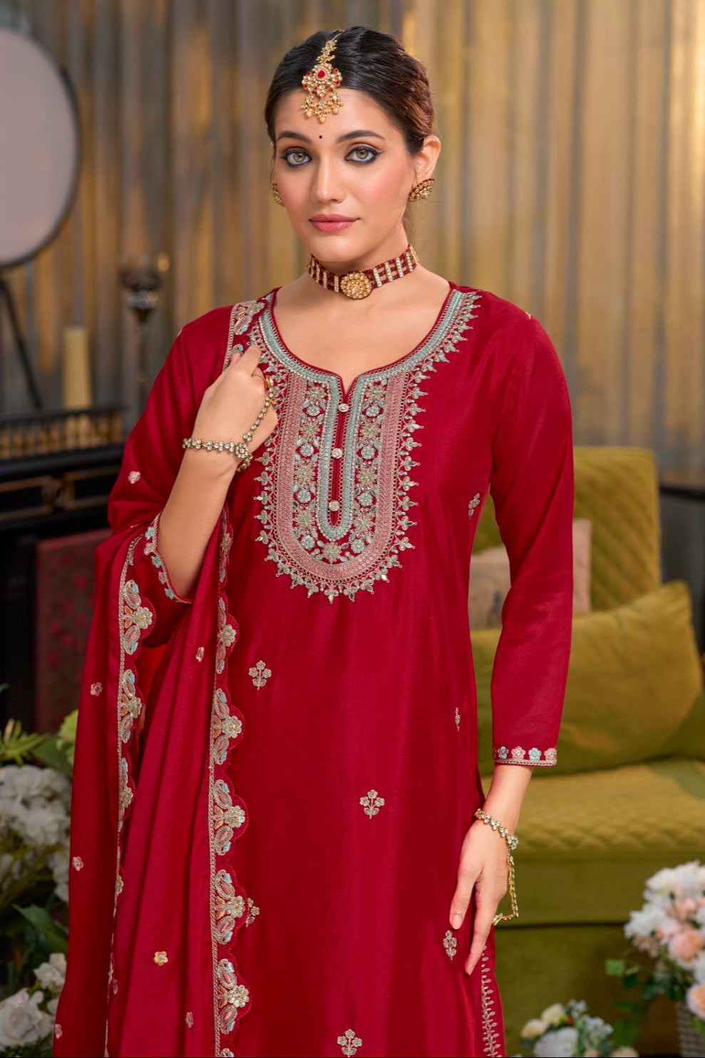 Shorba Crimson Full Work Gharara set