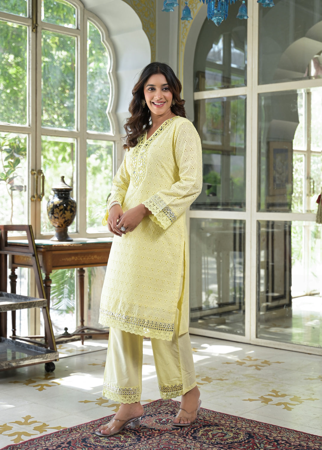 Sanmati Lime Cotton Schiffli Mirror work Co-ord Set