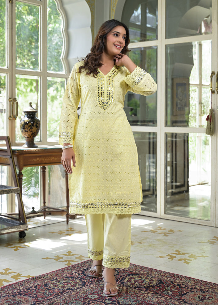 Sanmati Lime Cotton Schiffli Mirror work Co-ord Set