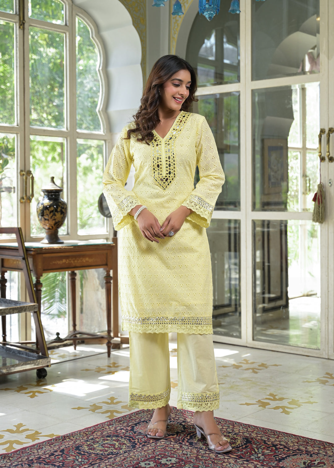 Sanmati Lime Cotton Schiffli Mirror work Co-ord Set