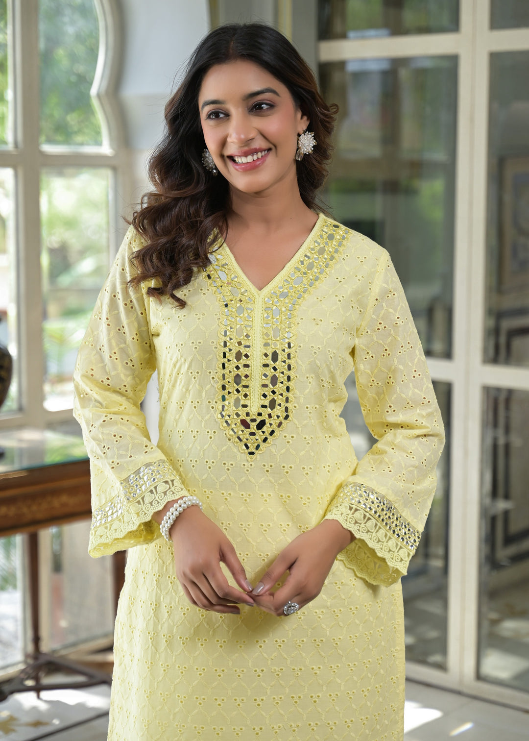 Sanmati Lime Cotton Schiffli Mirror work Co-ord Set