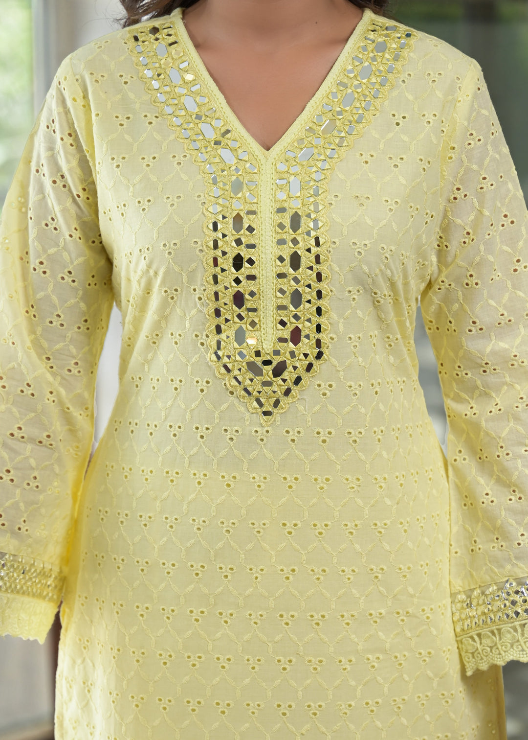 Sanmati Lime Cotton Schiffli Mirror work Co-ord Set