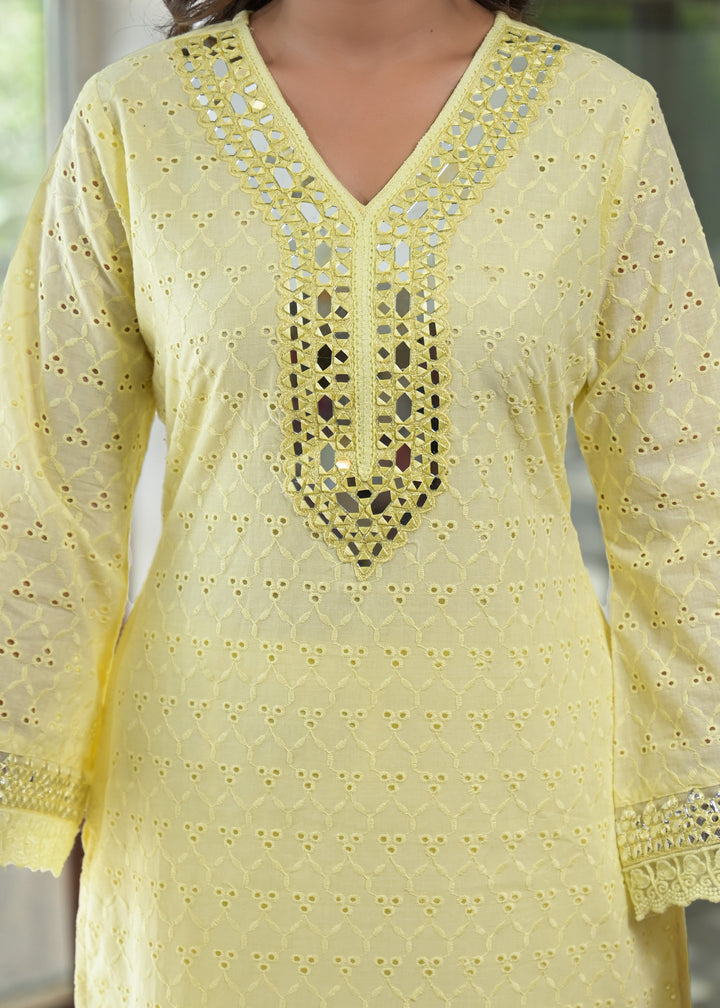 Sanmati Lime Cotton Schiffli Mirror work Co-ord Set