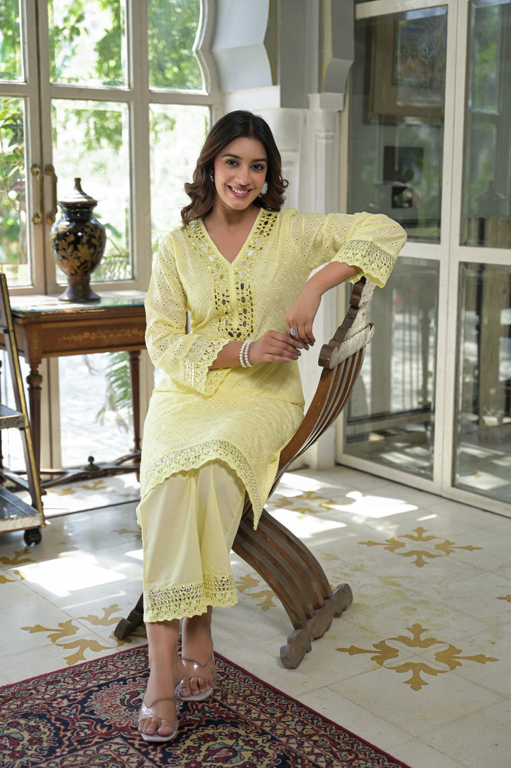 Sanmati Lime Cotton Schiffli Mirror work Co-ord Set