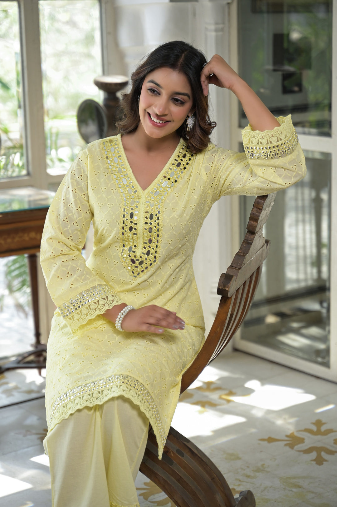 Sanmati Lime Cotton Schiffli Mirror work Co-ord Set