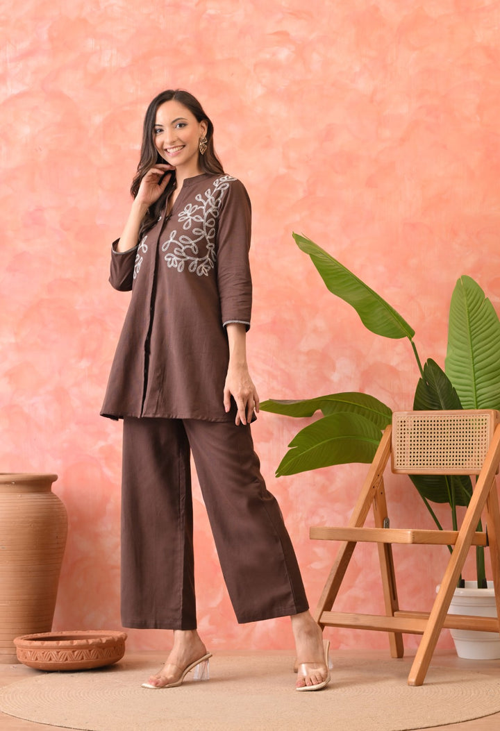 Omra Peanut  Embroidery Cotton Co-ord Set
