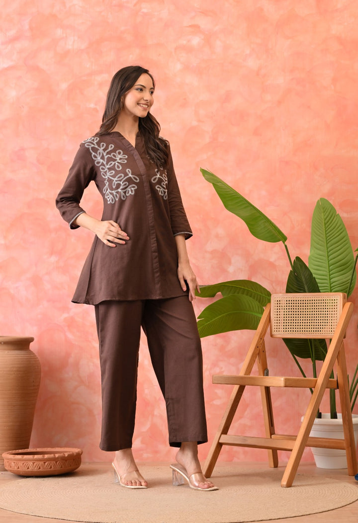 Omra Peanut  Embroidery Cotton Co-ord Set
