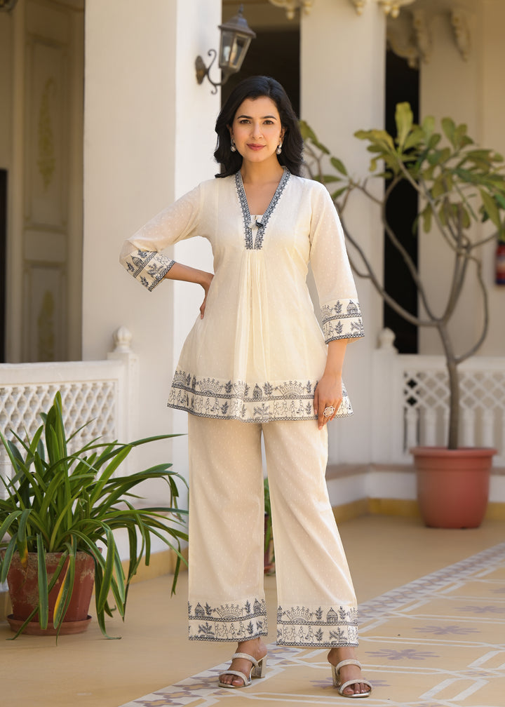 Sakshi Cream Embroidered Cotton Co-ord Set