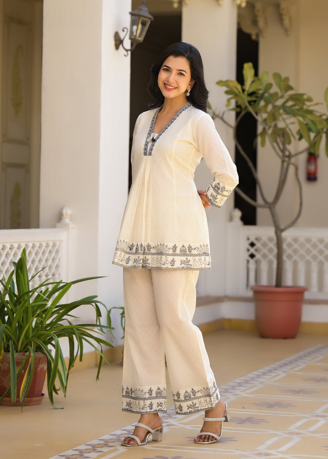 Sakshi Cream Embroidered Cotton Co-ord Set