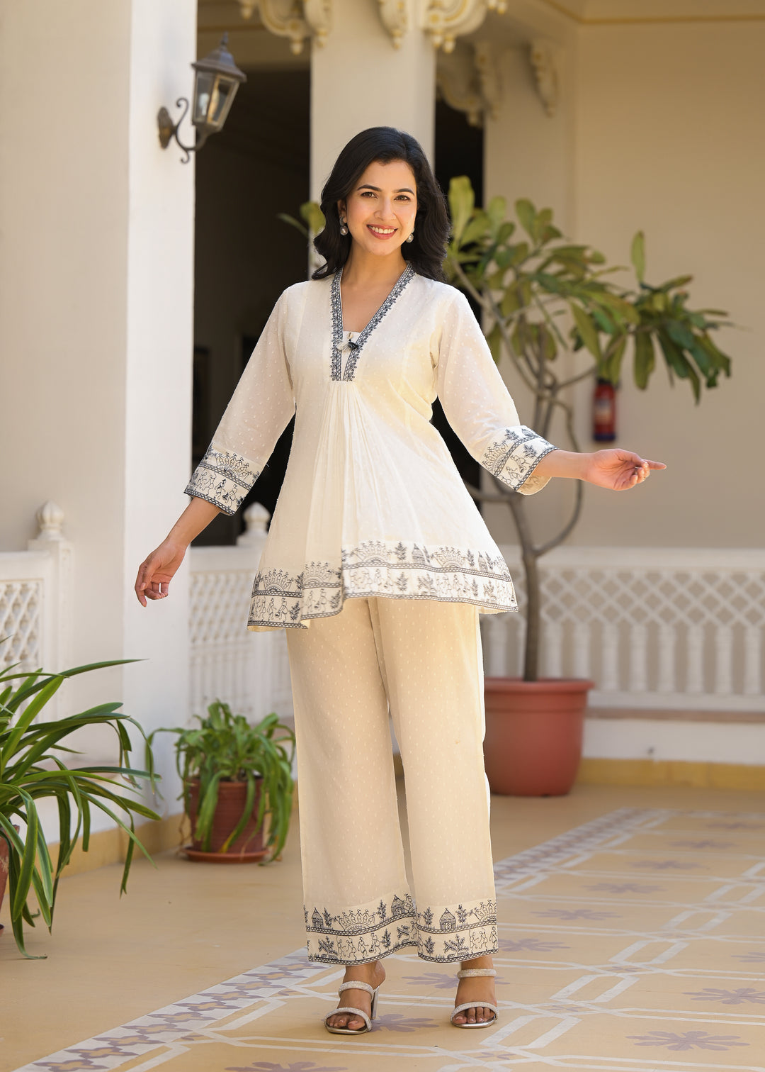 Sakshi Cream Embroidered Cotton Co-ord Set