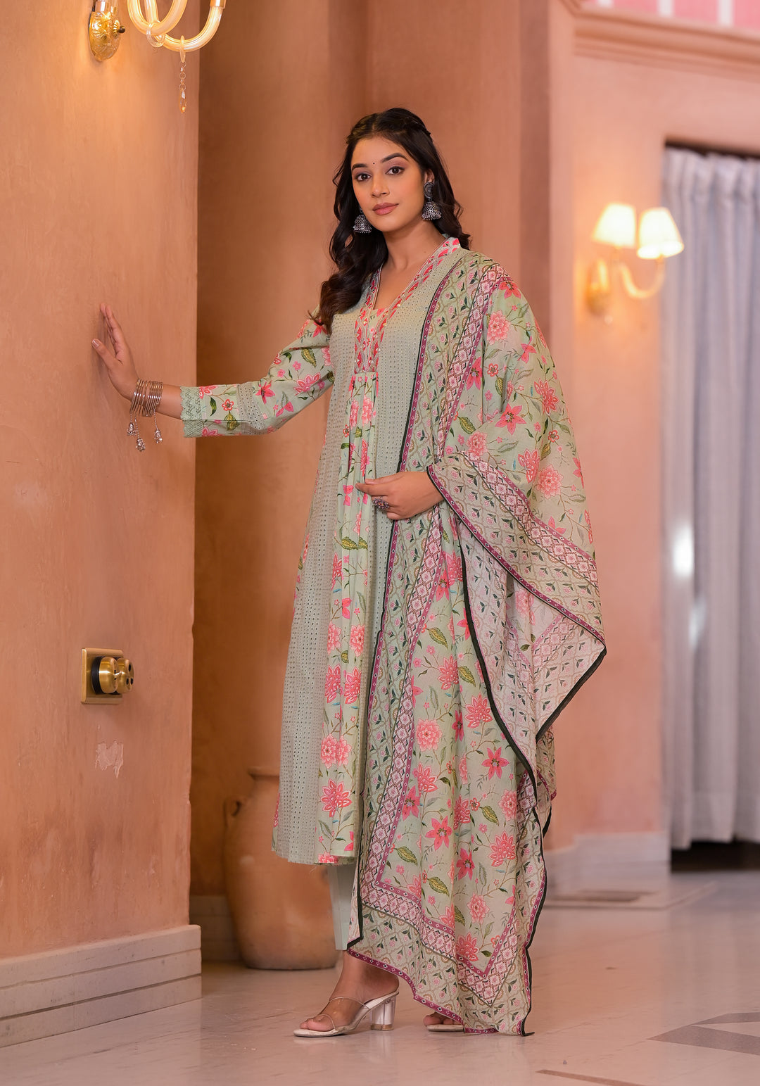 Diti Leaf Full Schiffli Pure Cotton Suit Set