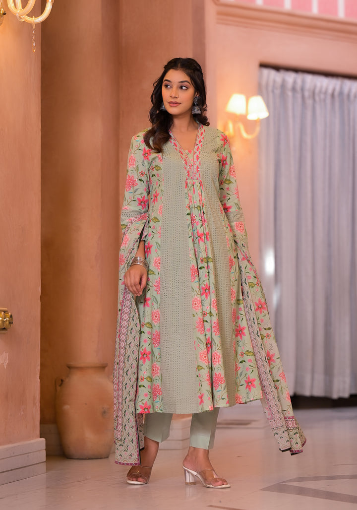 Diti Leaf Full Schiffli Pure Cotton Suit Set