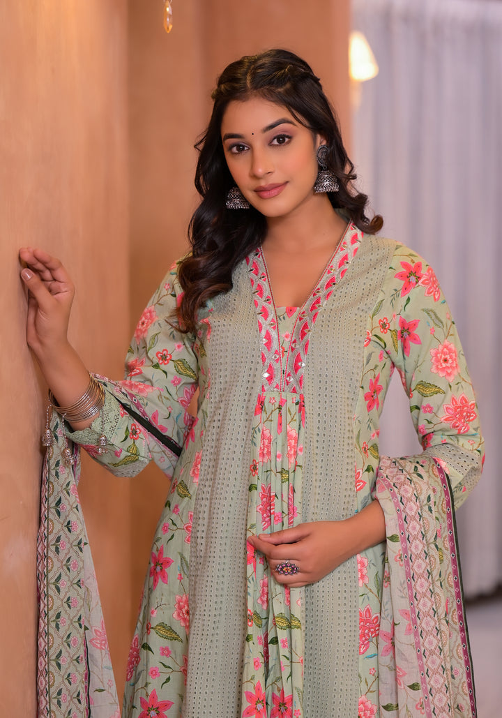 Diti Leaf Full Schiffli Pure Cotton Suit Set