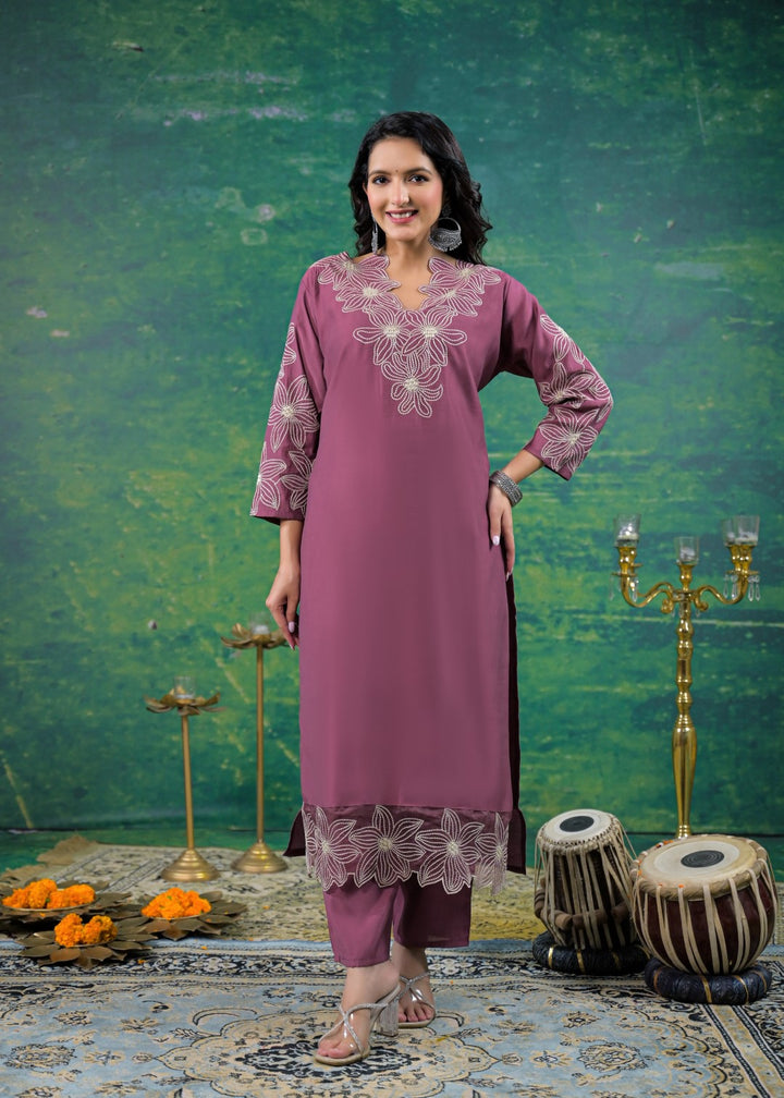 Morni Mauve Embroidered Suit Set