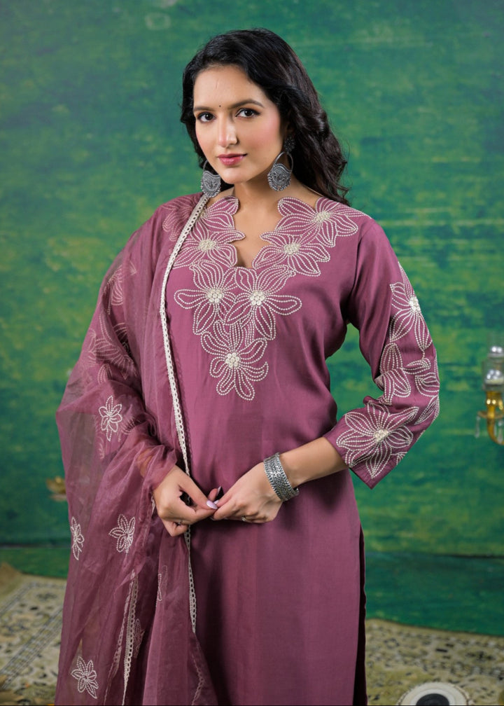 Morni Mauve Embroidered Suit Set