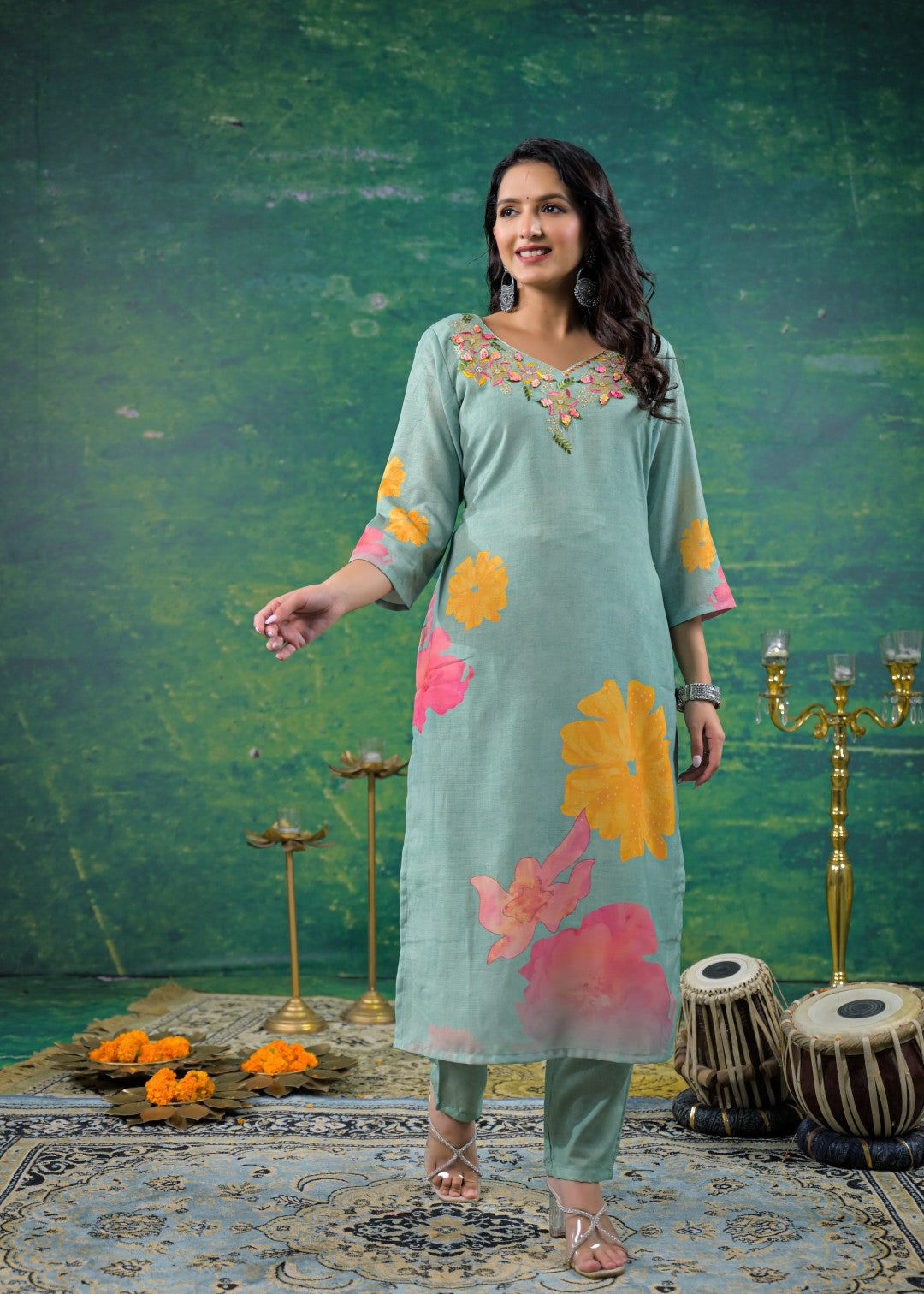 Yami Turq Embroidered Suit Set