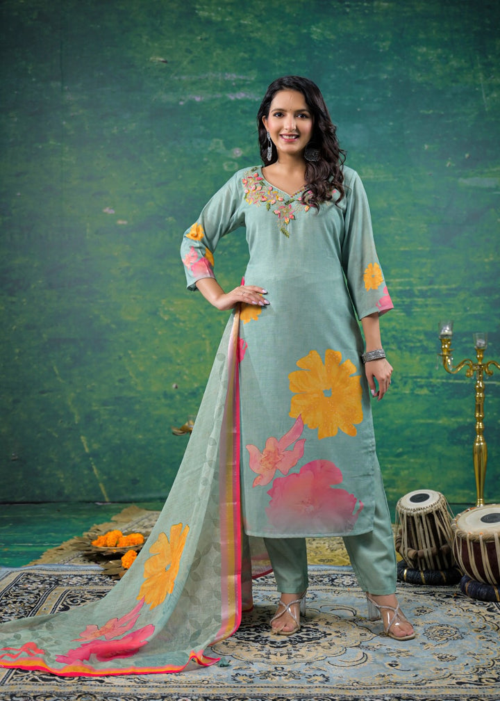 Yami Turq Embroidered Suit Set