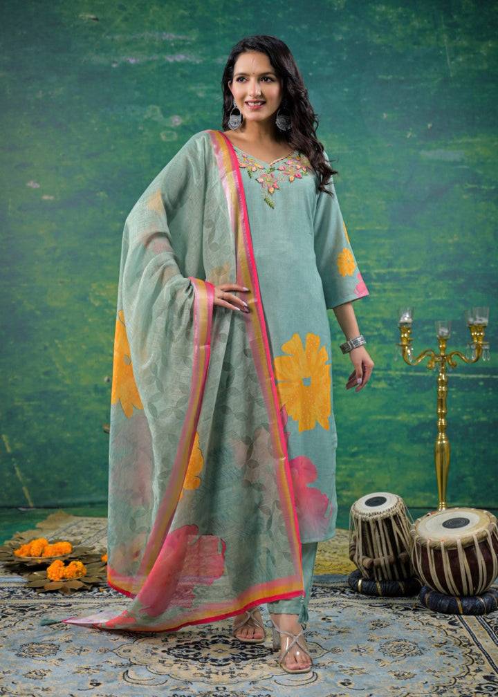 Yami Turq Embroidered Suit Set