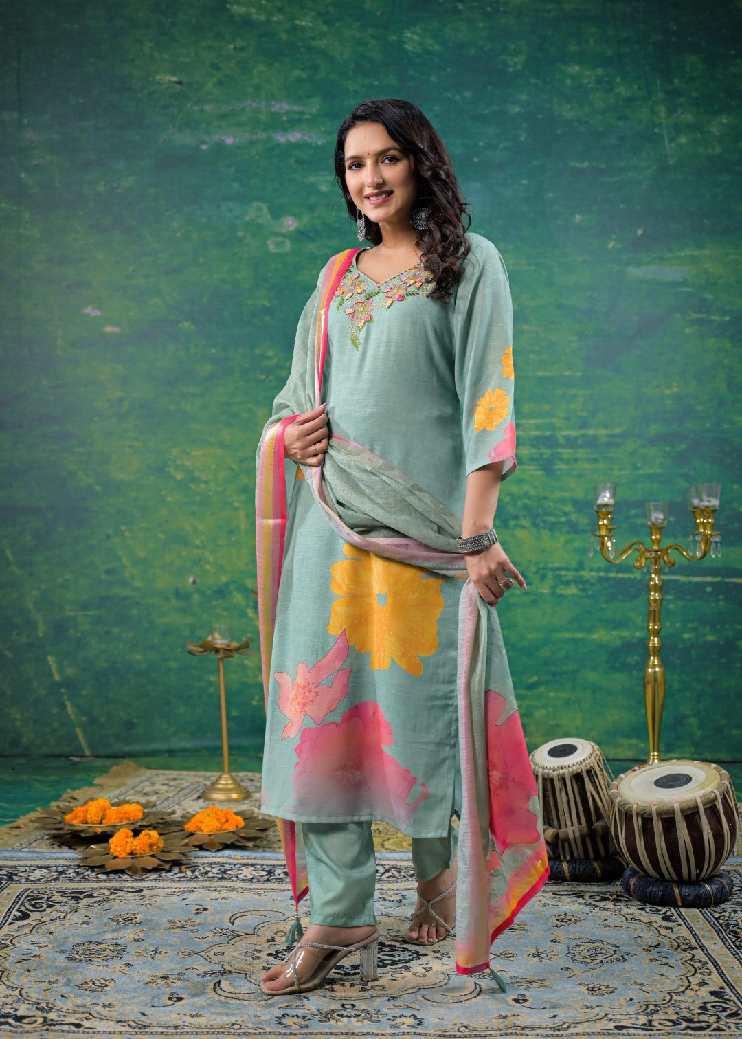 Yami Turq Embroidered Suit Set