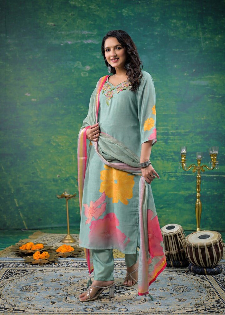 Yami Turq Embroidered Suit Set