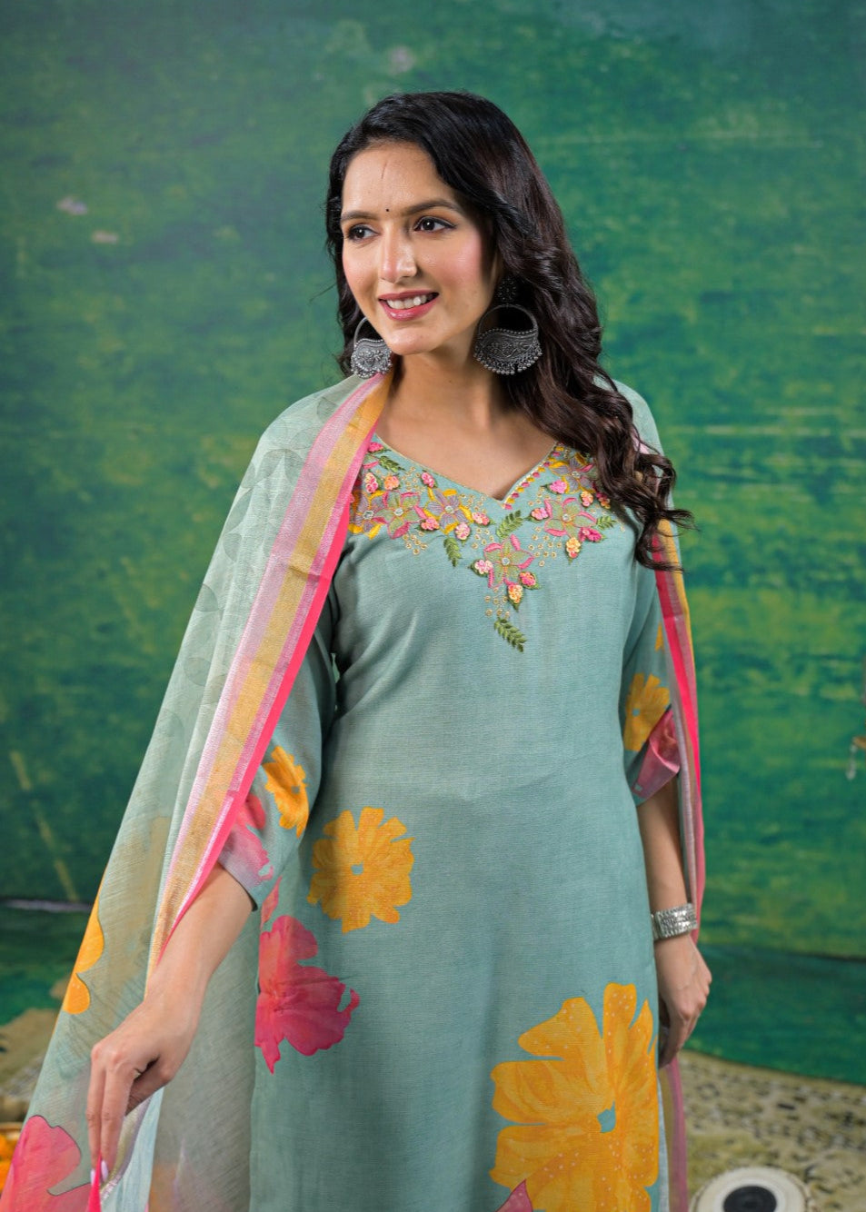 Yami Turq Embroidered Suit Set