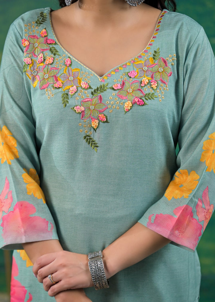 Yami Turq Embroidered Suit Set