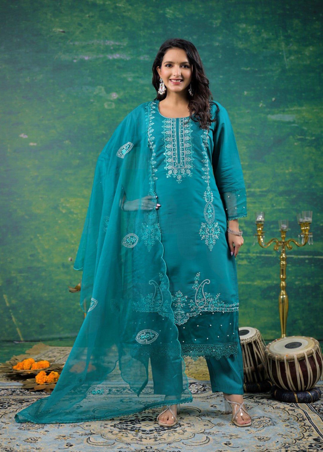 Mahi Cyan Embroidered Suit Set