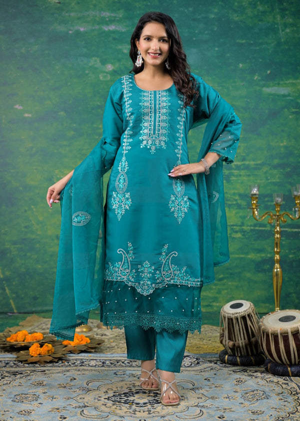 Mahi Cyan Embroidered Suit Set