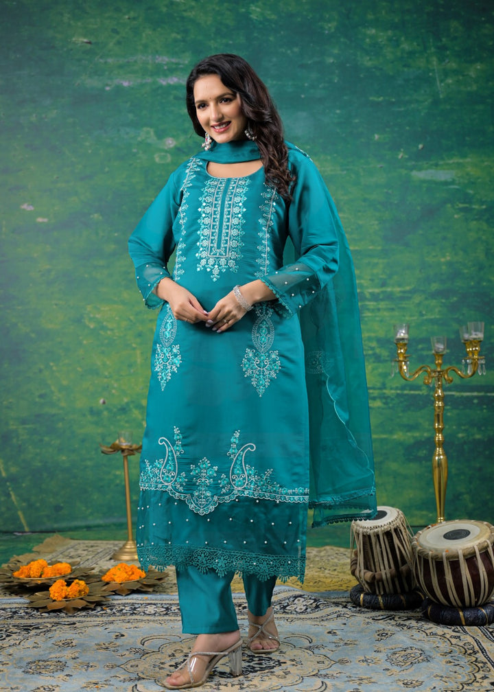 Mahi Cyan Embroidered Suit Set