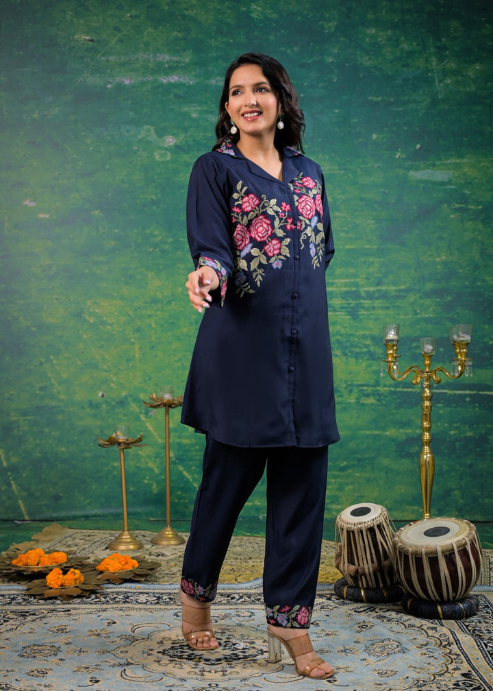 Pankhuri Navy Embroidered Co-ord Set
