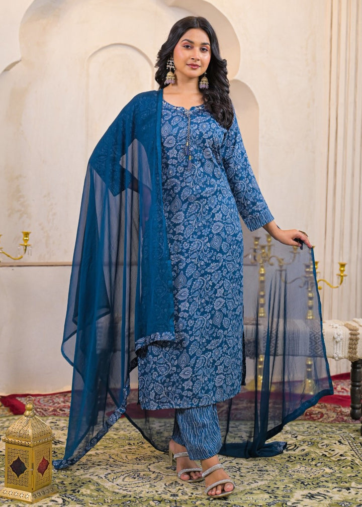 Shanti Azure Printed Cotton Suit Set