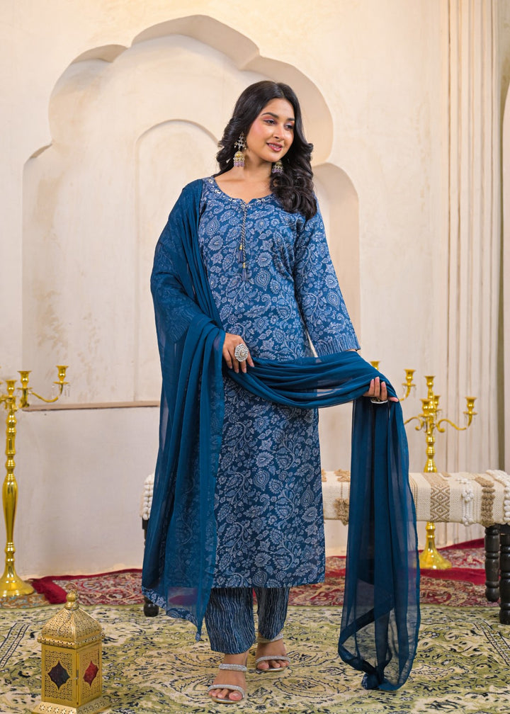 Shanti Azure Printed Cotton Suit Set