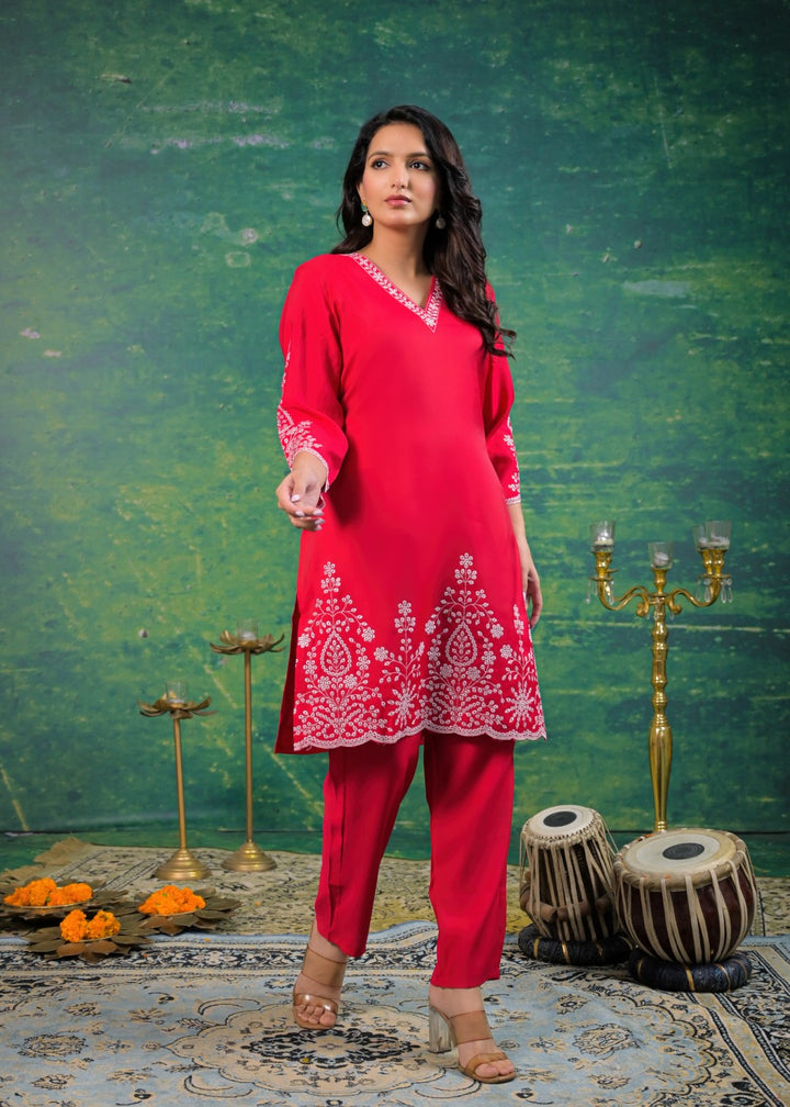 Ivy Carmine Embroidered Co-ord Set