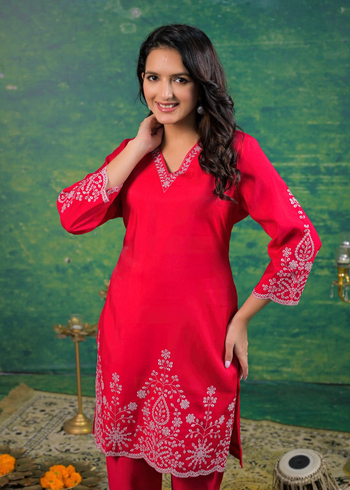 Ivy Carmine Embroidered Co-ord Set