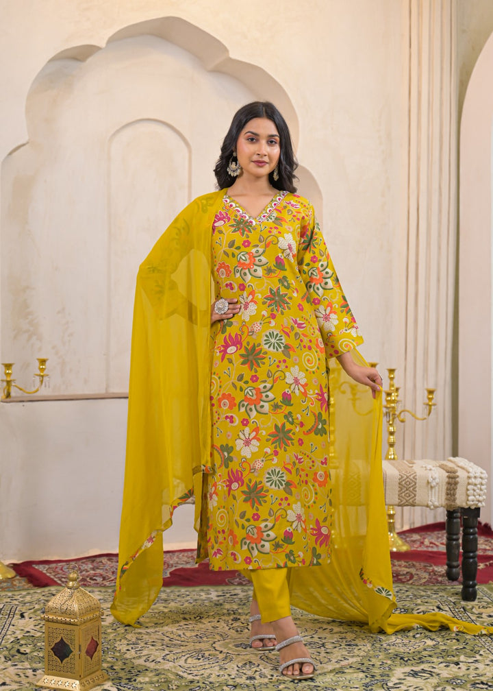 Shanti Canary Printed Work Suit Set