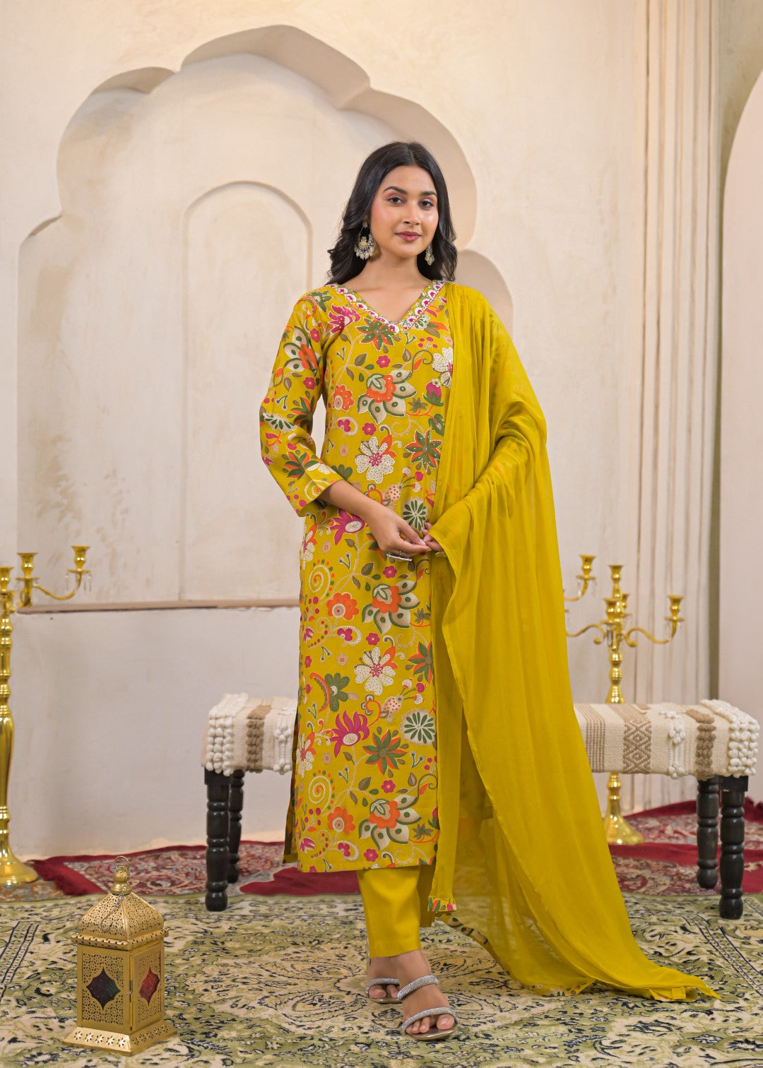 Shanti Canary Printed Work Suit Set