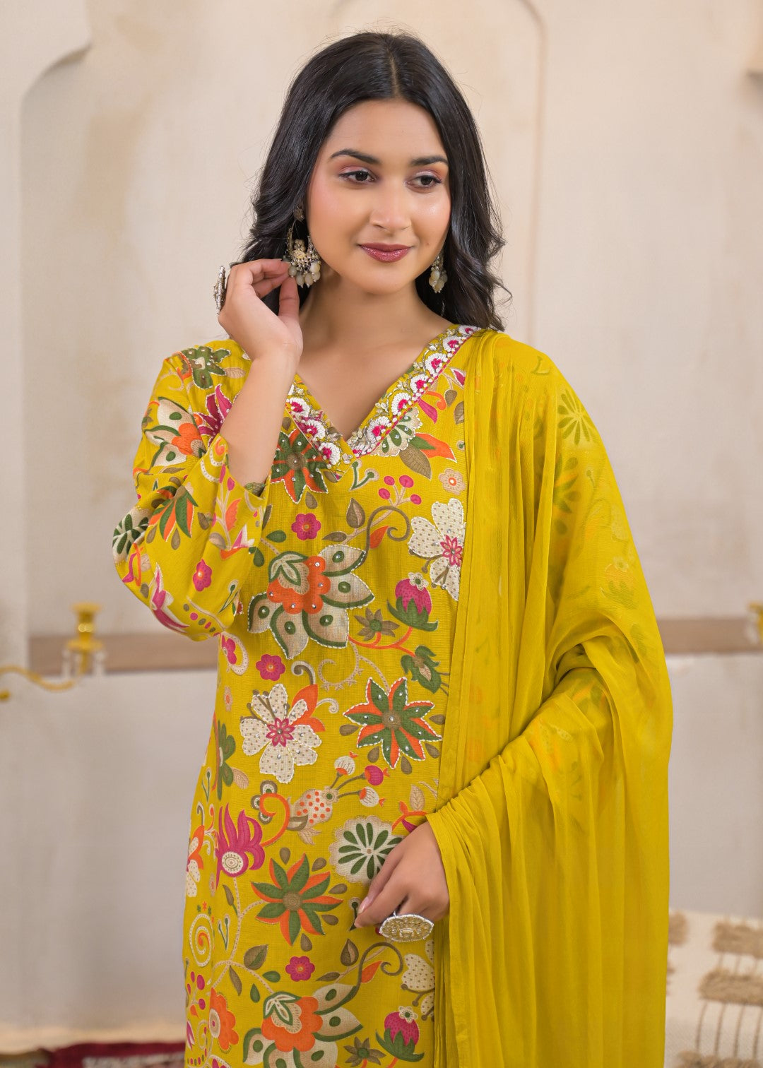 Shanti Canary Printed Work Suit Set