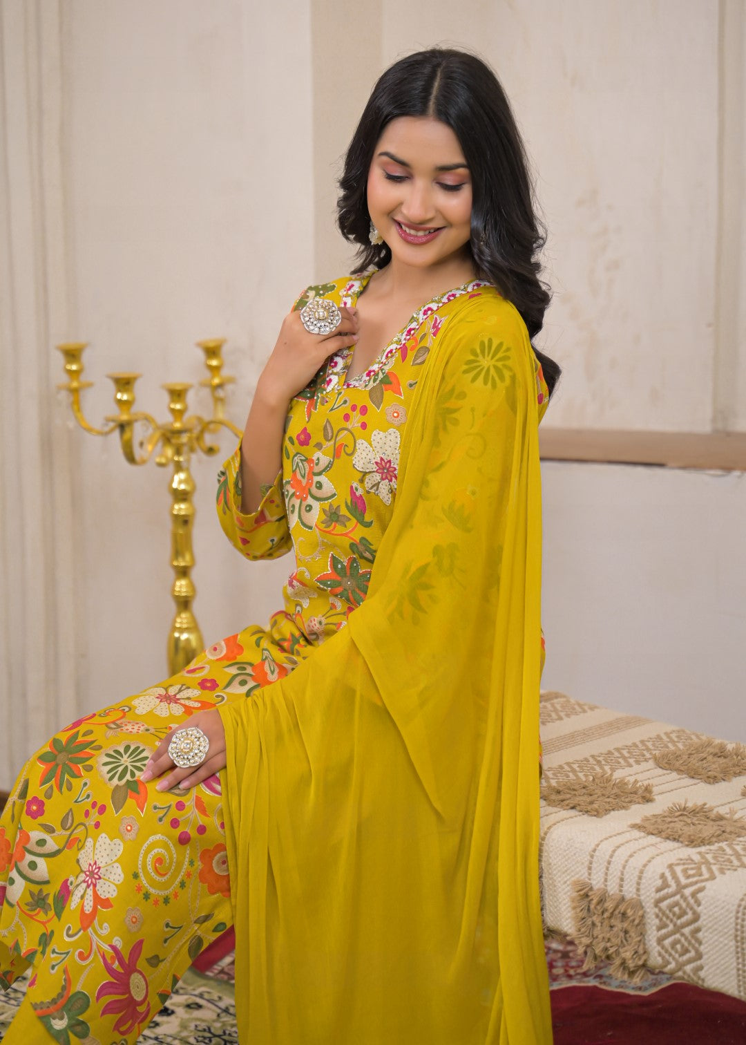 Shanti Canary Printed Work Suit Set