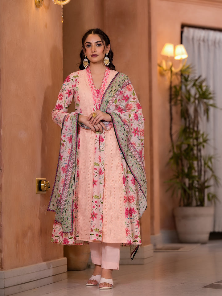 Diti Apricot Full Schiffli Pure Cotton Suit Set