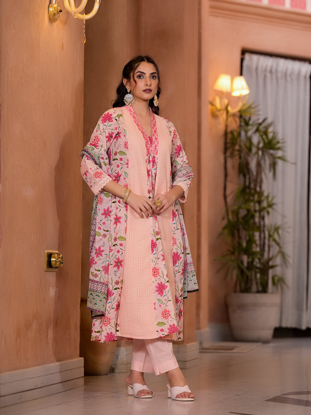 Diti Apricot Full Schiffli Pure Cotton Suit Set