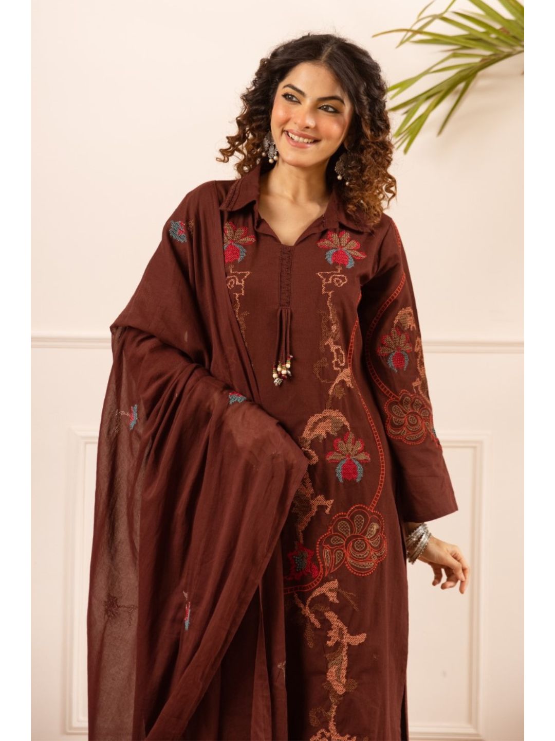 Karen chestnut embroidery cotton suit set