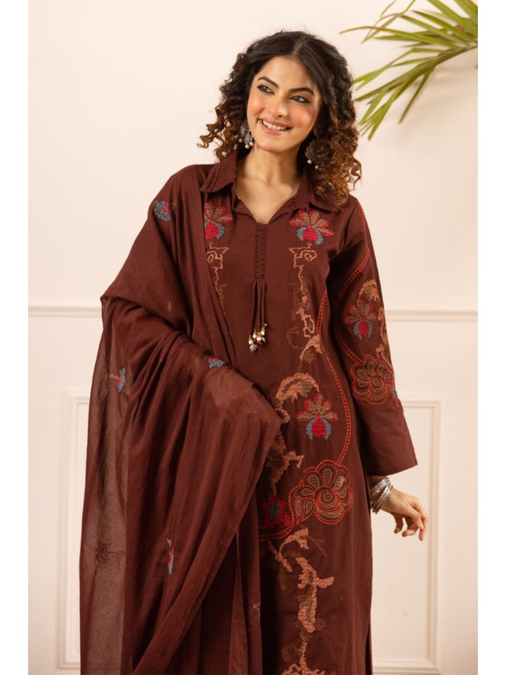 Karen chestnut embroidery cotton suit set
