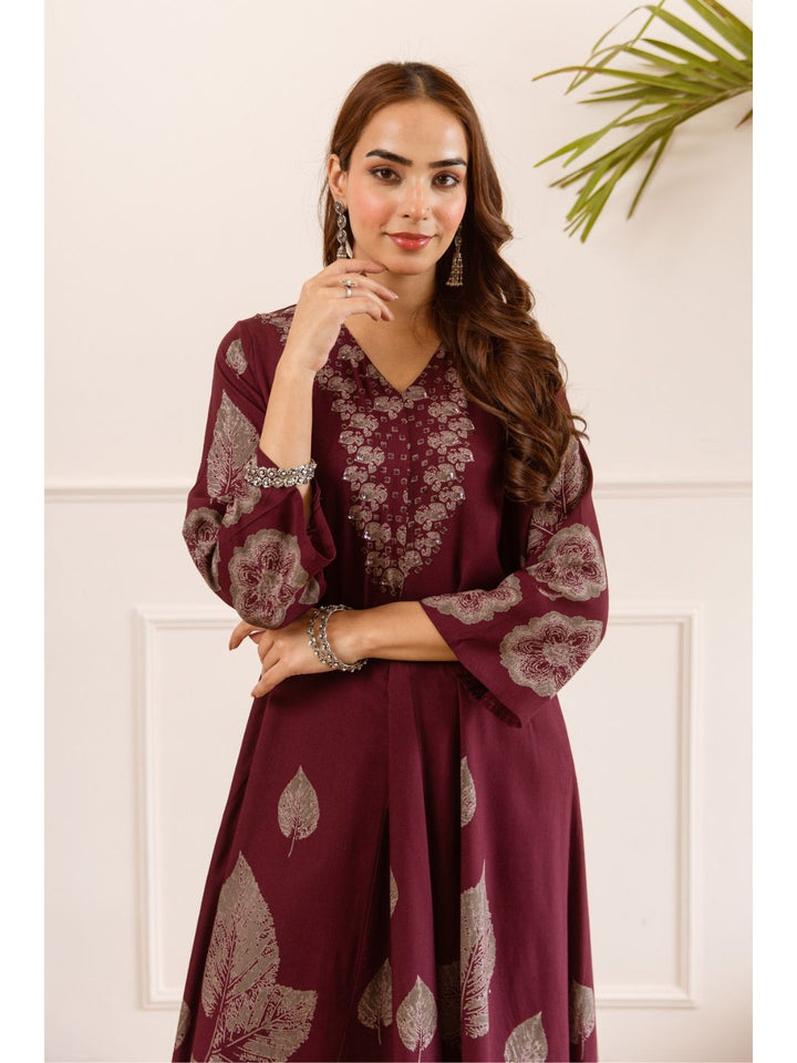 Karen berry wine printed cotton kurta pant set