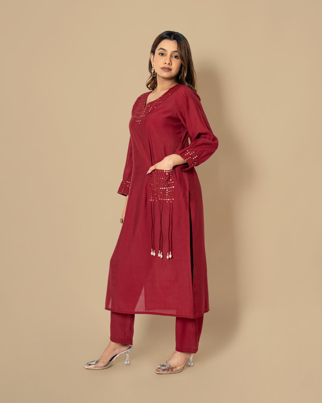 Naina Merlot Mirror Work Kurta Pant Set