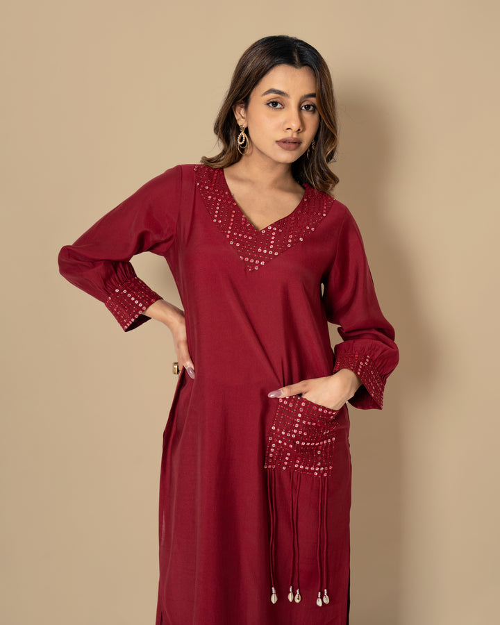 Naina Merlot Mirror Work Kurta Pant Set